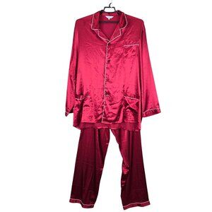 Womens Lonxu Satin Pajama Shirt & Pants Set Button-Up Red White Piping Size 4XL